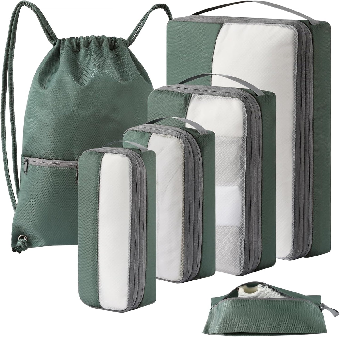 6 Set Compression Packing Cubes for Travel, Bonus Versatile Drawstring Backpack, Lightweight Luggage Organizer Bags, Sturdy Travel Accessories for Suitcase, Dark Green