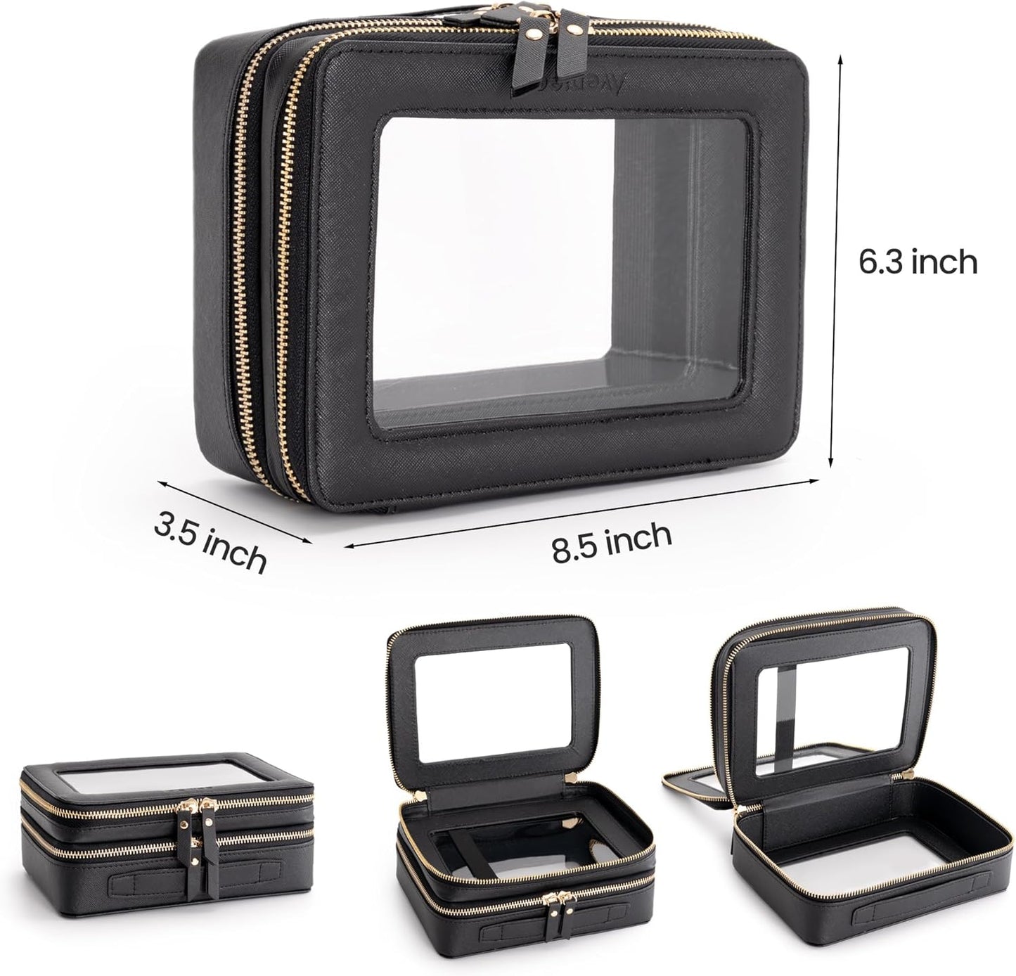 Aveniee Clear Makeup Bags,Double Layer Cosmetic Bags with Separate Brush Compartment,Large Travel Toiletry Bag Cosmetic Case,Travel Accessories Organizer for Women,2 Layers,Black