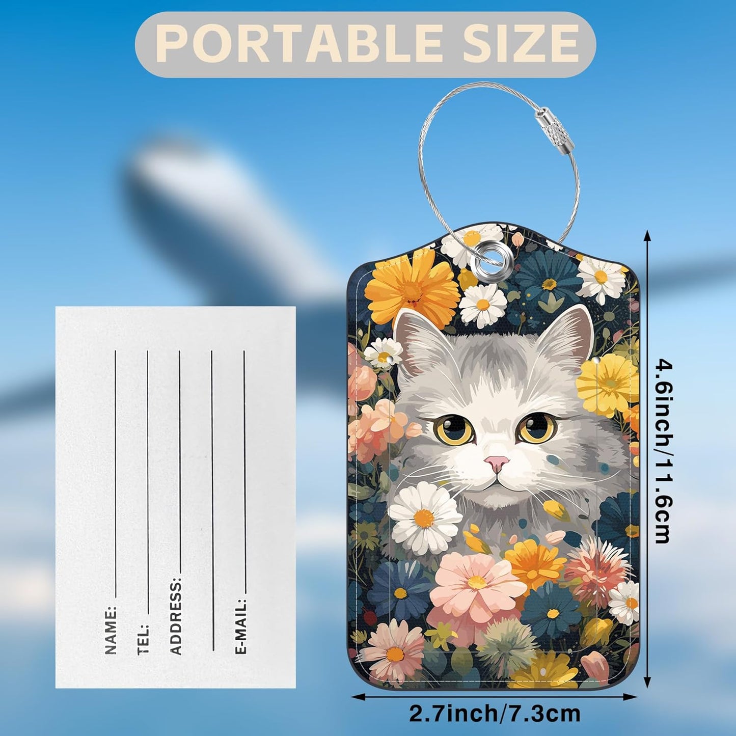 2 Pack Luggage Tags for Suitcases Cute Cat with Colorful Flowers Leather Luggage Tags Privacy Cover ID Label with Stainless Steel Loop and Address Card for Women Men Travel Bag Backpack