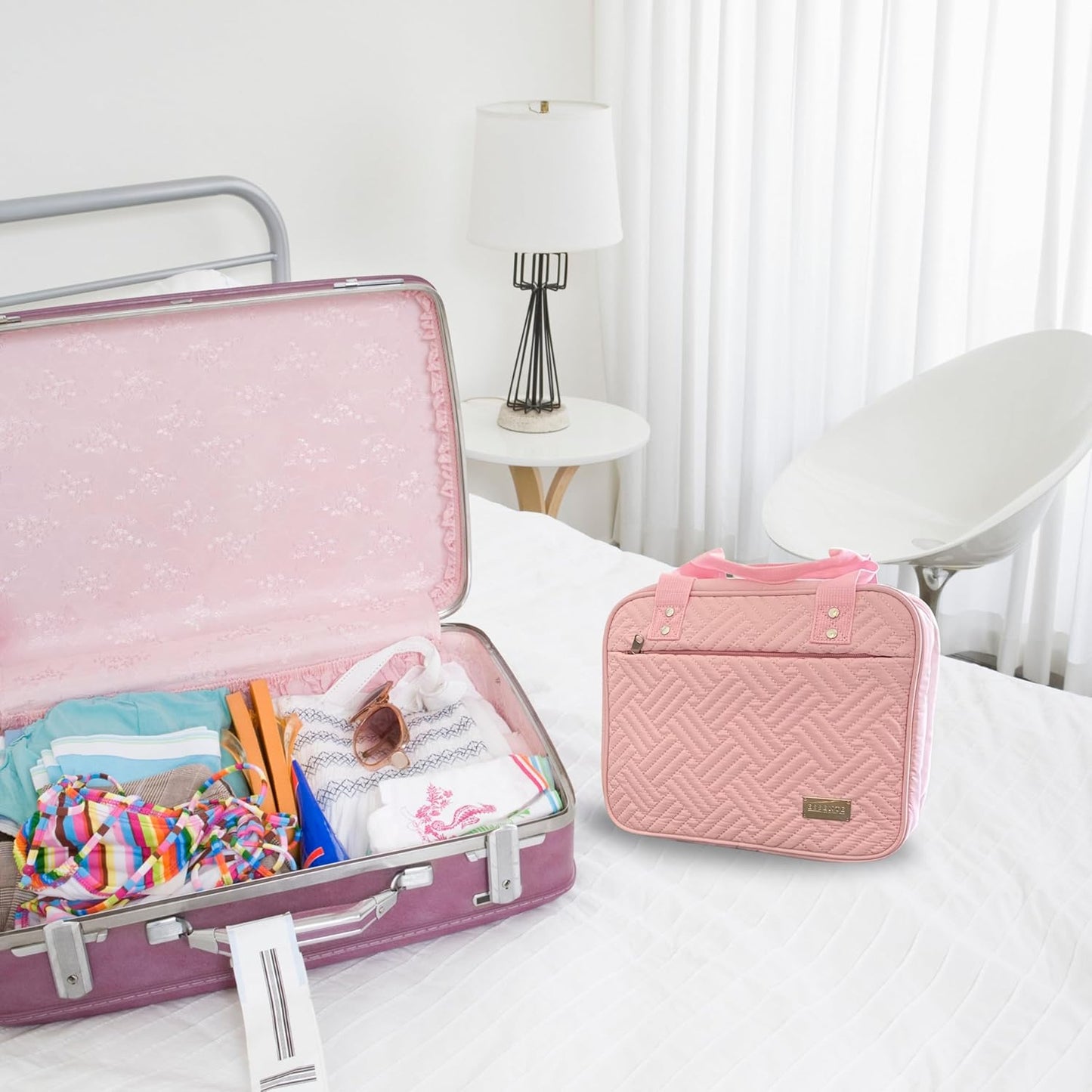 ESSENTE Women's Travel Toiletry Bag with Removable Pouch and Hanging Hook - Water Resistant Makeup Cosmetic Oraganizer with Multiple Compartments for Accessories (PRETTY IN PINK)