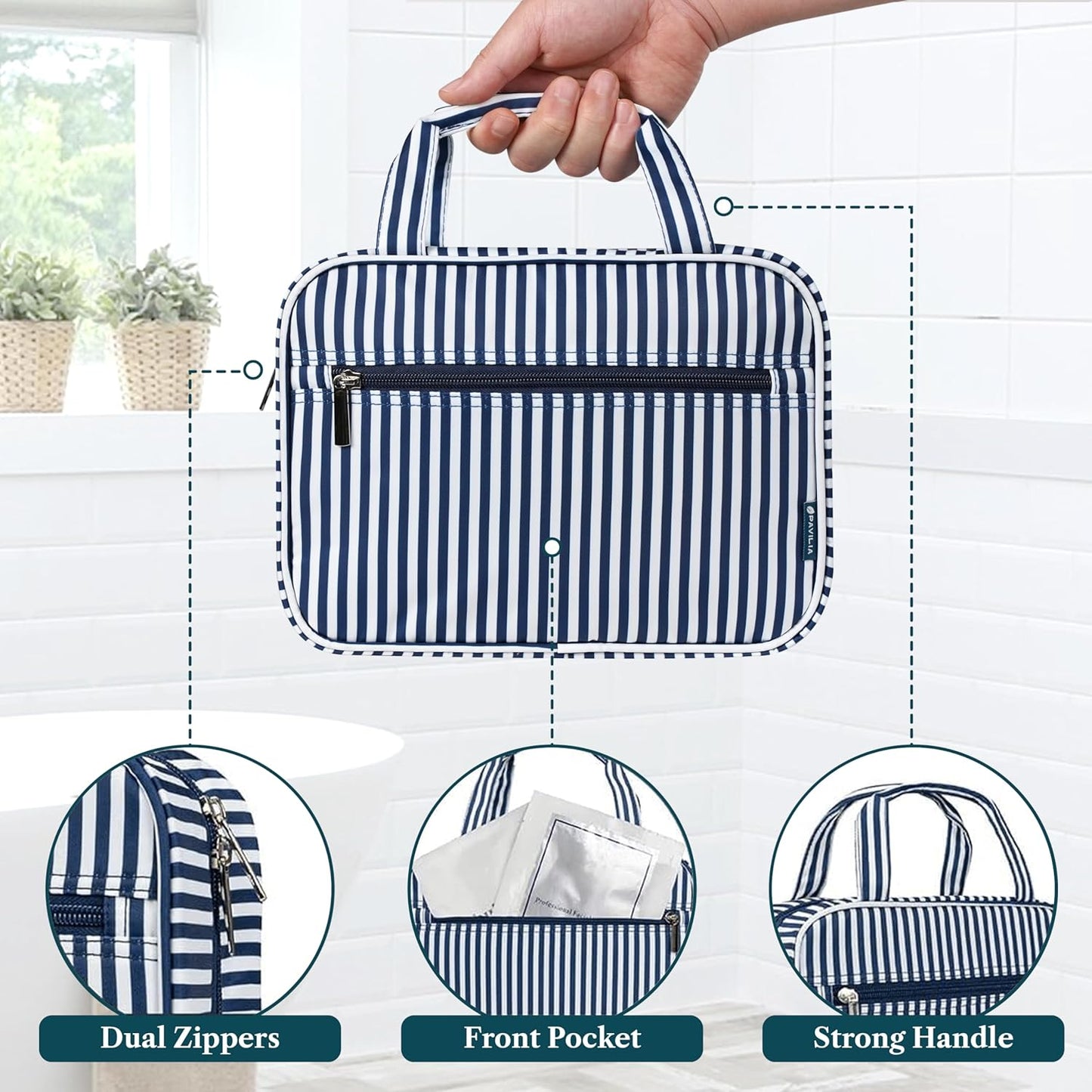 PAVILIA Hanging Toiletry Bag Travel Bag Women Men, Foldable Cosmetic Organizer, Roll up Makeup Bag, Water Resistant Accessories Toiletries, Large Travel Essentials Kit (Navy Stripe)