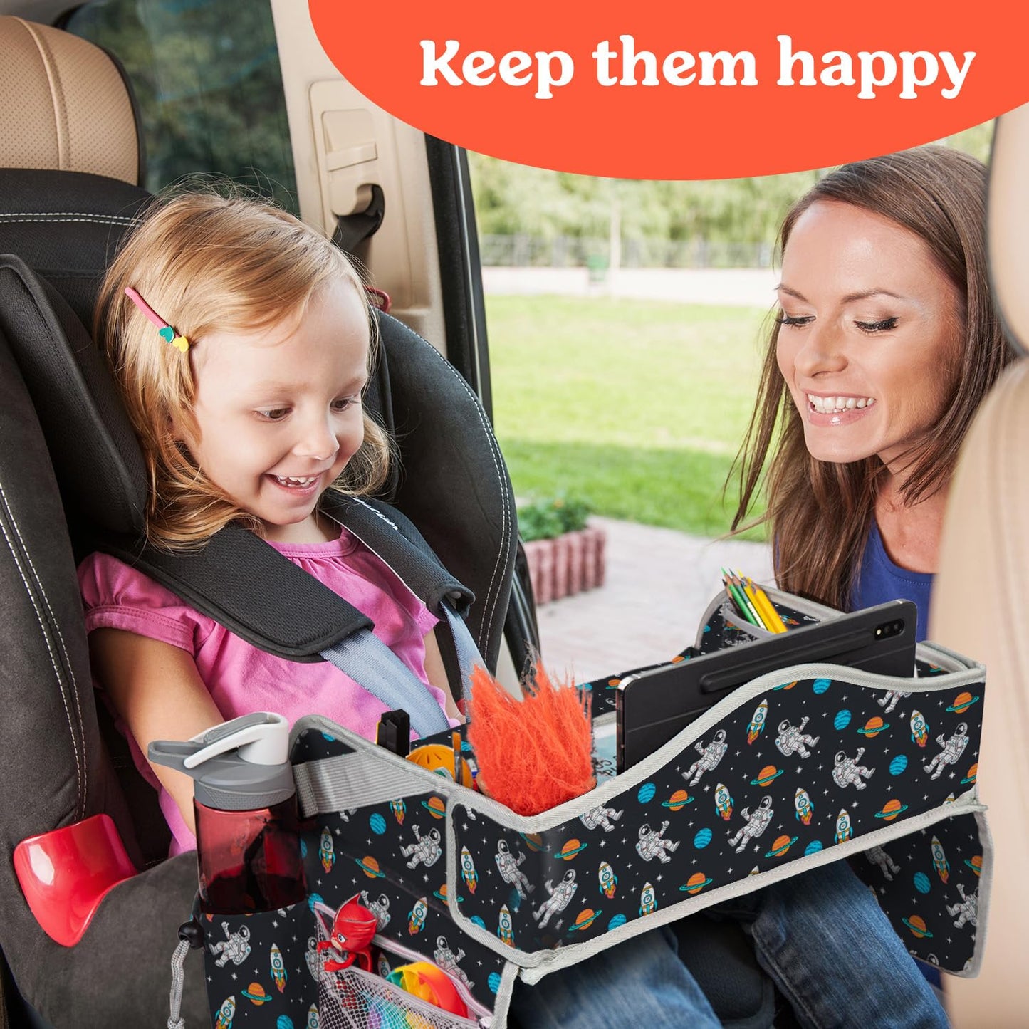 PILLANI Kids Travel Tray for Car - Car Seat Tray for Kids, Roadtrip Essentials, Carseat Table Tray for Kids Road Trip Activities - Toddler Lap Desk Organizer for Airplane
