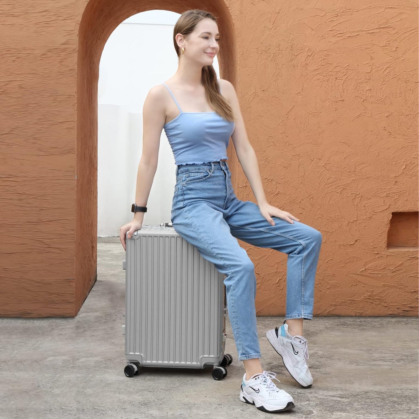 AnyZip Luggage Aluminium Frame Suitcase Hard Shell TSA Lock No Zipper 24In Silver