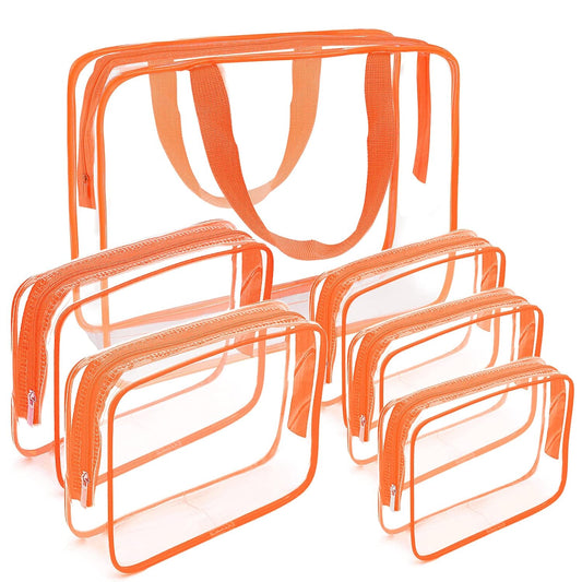 APREUTY Clear Makeup Bags, TSA Approved 6 Pcs Cosmetic Makeup Bags Set Clear PVC with Zipper Handle Portable Travel Luggage Pouch Airport Airline Vacation Organization (Orange)