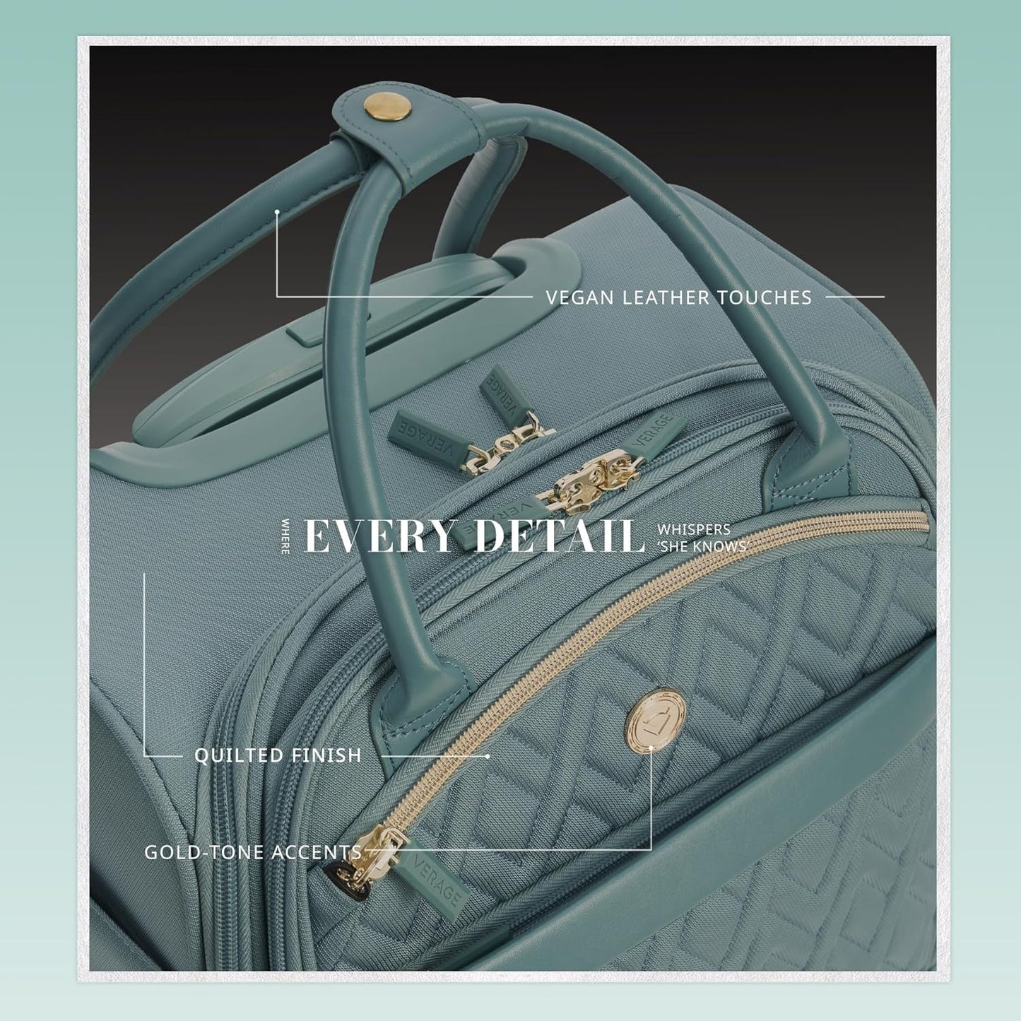 Verage 18x14x8in Spinner Underseat Carry-On Luggage -Airplane Personal Item Bag, USB A&C Charging Port, Padded Laptop Pocket & Wet/Dry Compartments for Women, Misty Aqua