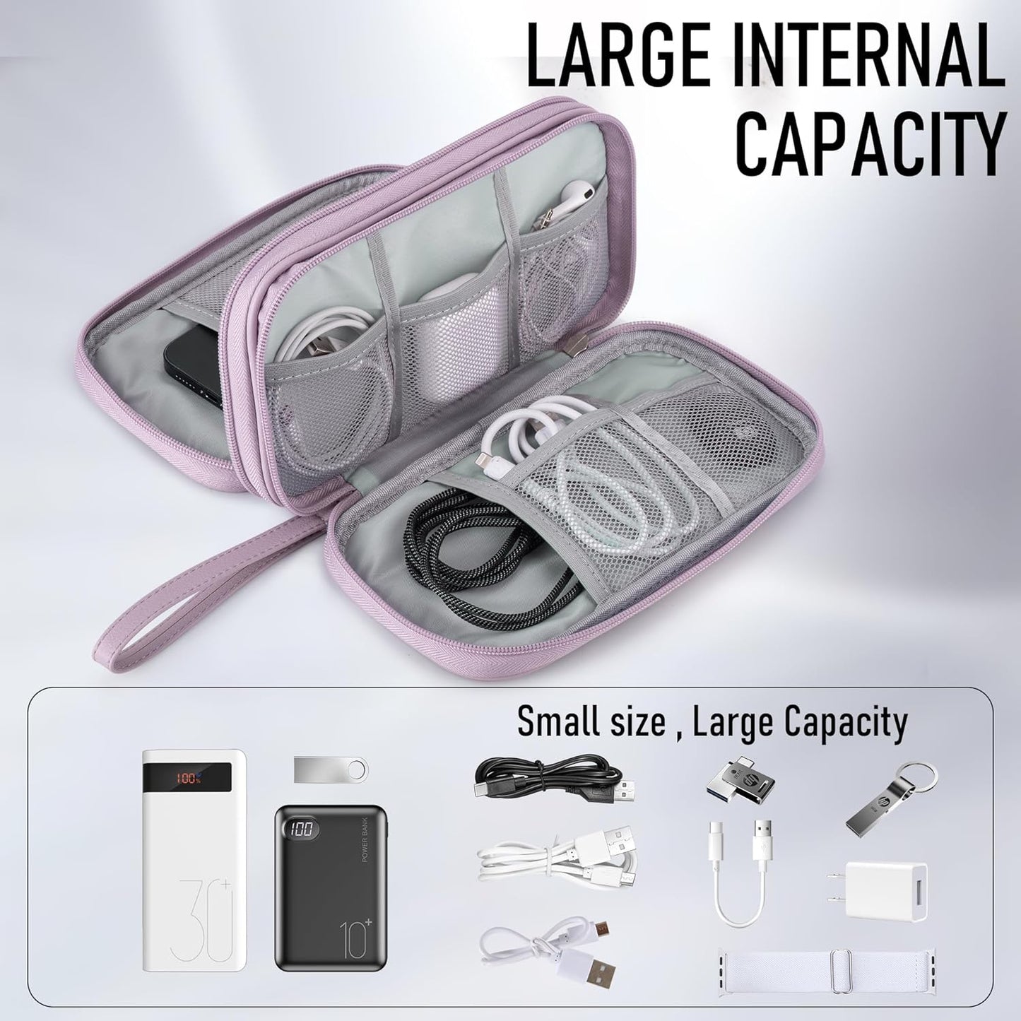 Leather Travel Electronic Organizer - Double Layer, Waterproof Case for Cables, Chargers, Phones & More - Portable, Shockproof Pouch for All Your Electronics Accessories (Light Purple, M)