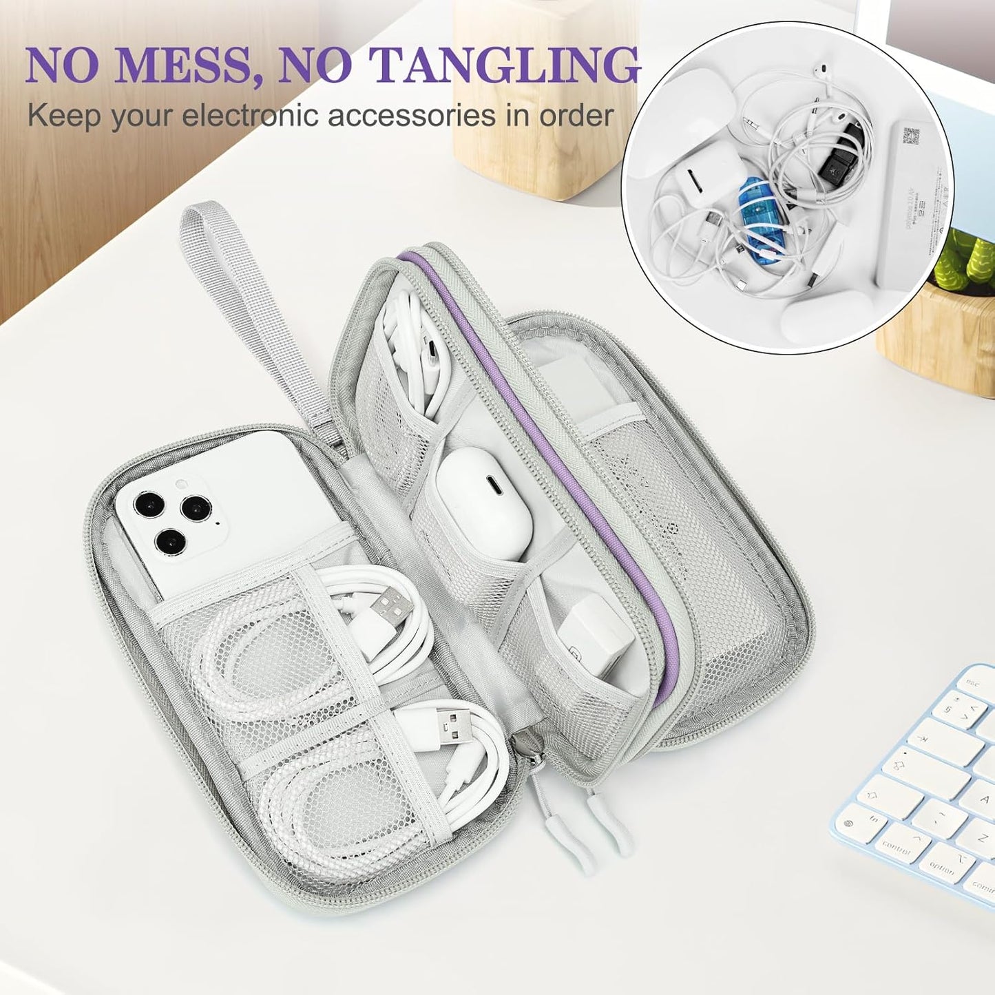 FYY Electronic Organizer, Travel Cable Organizer Bag Pouch Electronic Accessories Carry Case Portable Waterproof Double Layers All-in-One Storage Bag for Cable, Cord, Charger, Phone,-Light Purple