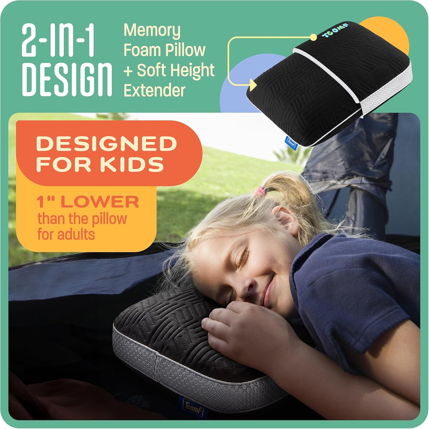 Kids Camping Pillow: Dual-Cover Memory Foam Small Pillow; Medium-Firm Camp Pillow | Mini Pillow w/ 5 Layers for Comfort and Support; Small Travel Pillow/Compact Pillow 10x16 Inches (Black)