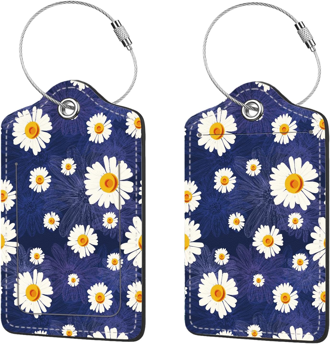 2 Pcs Luggage Tags for Suitcase, Cute Unique PU Leather Travel Bag Tag with Privacy Cover ID Label Address Card and Durable Metal Ring Suitable for Men Women Children Backpack,White Daisy