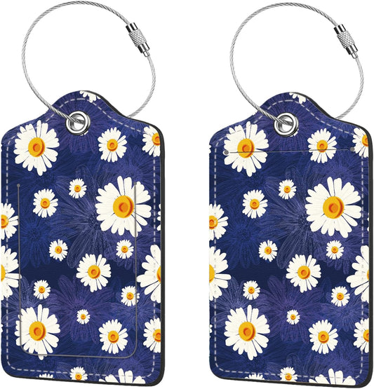 2 Pcs Luggage Tags for Suitcase, Cute Unique PU Leather Travel Bag Tag with Privacy Cover ID Label Address Card and Durable Metal Ring Suitable for Men Women Children Backpack,White Daisy