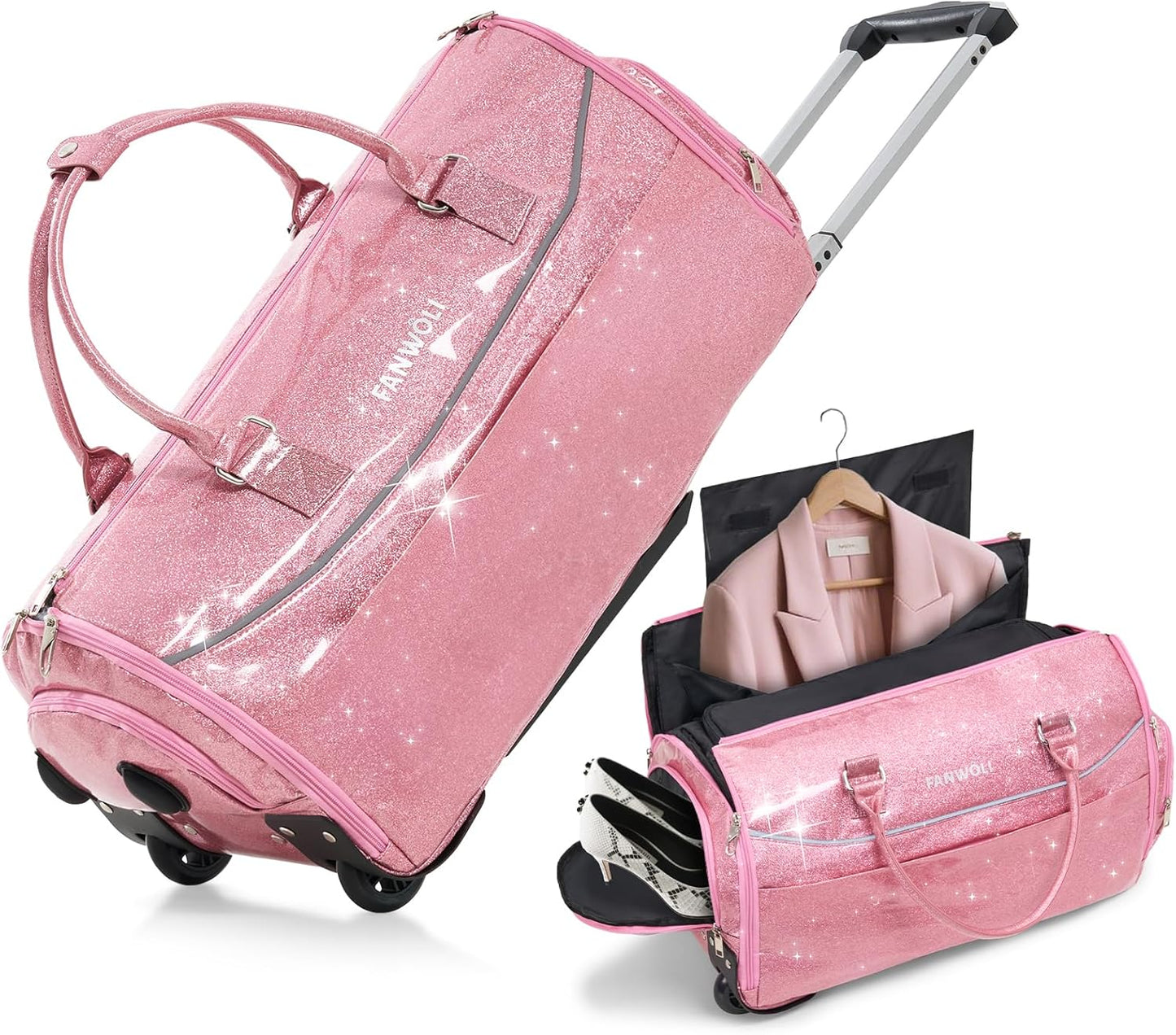 3-in-1 Rolling Garment Bags for Travel, Glitter Wheeled Carry-On Suit Luggage with Shoe Storage & Detachable Bag, Convertible Duffel Bag for Men Women Business Trips Weekender, Wrinkle-Free (Pink)