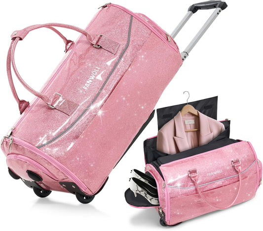 3-in-1 Rolling Garment Bags for Travel, Glitter Wheeled Carry-On Suit Luggage with Shoe Storage & Detachable Bag, Convertible Duffel Bag for Men Women Business Trips Weekender, Wrinkle-Free (Pink)