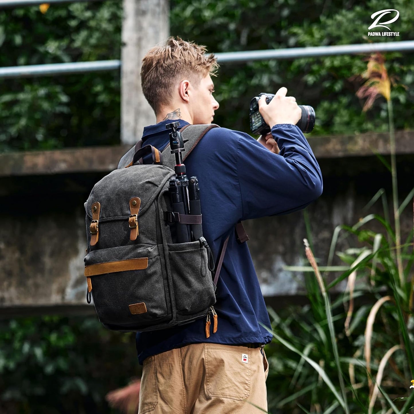 Padwa Lifestyle Black Camera Backpack - Professional DSLR & UAV Camera Bag,Anti Theft Canvas Camera Backpack with Rain Cover,Large Capacity Photography Travel Camera Bag with Multi Compartments