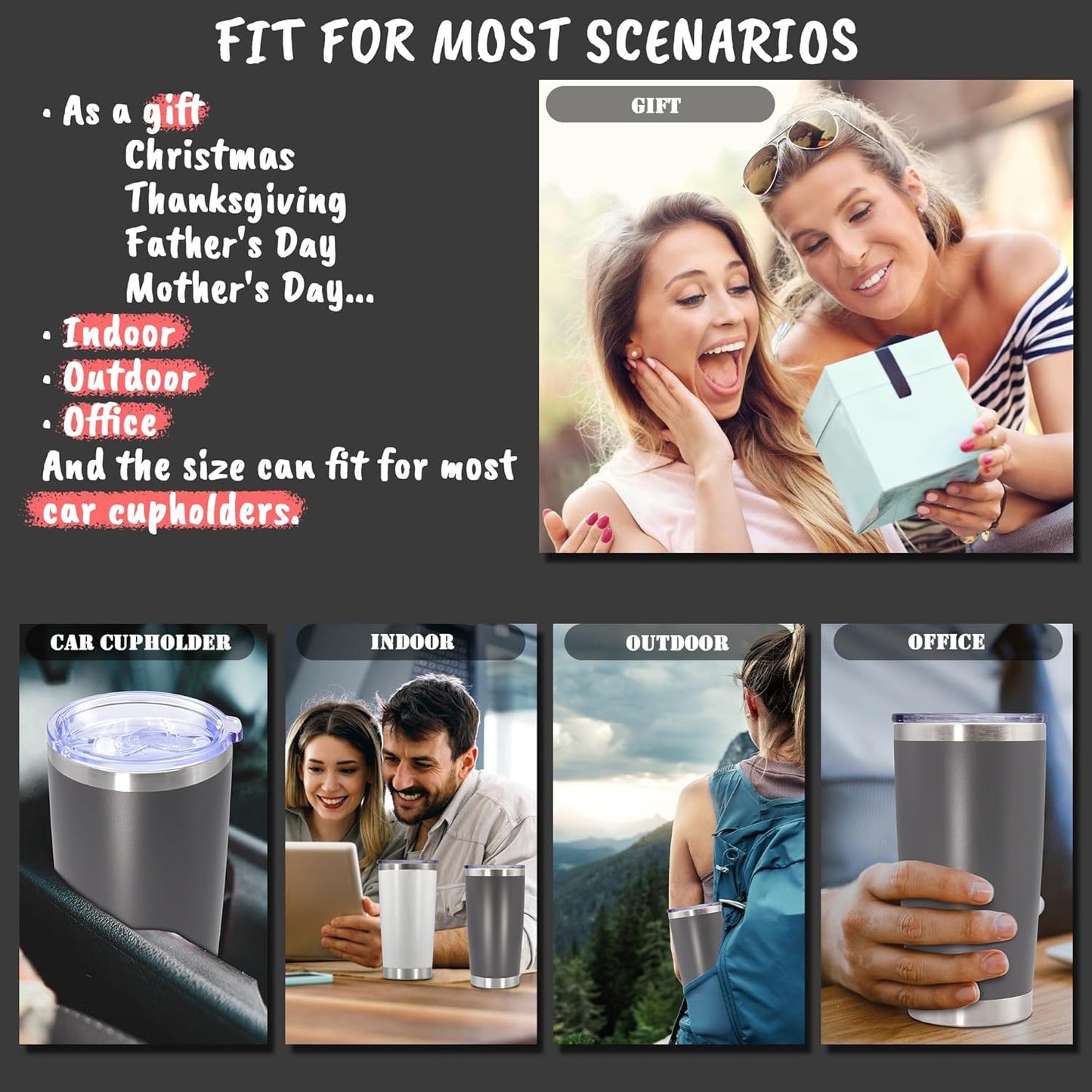 20 oz Tumbler with lid Double Wall Vacuum Insulated Tumblers Stainless Steel Coffee Mug Travel Coffee Tumbler Powder Coated Tumbler Cup Keep Hot&Cold - (Grey 1 Pack)