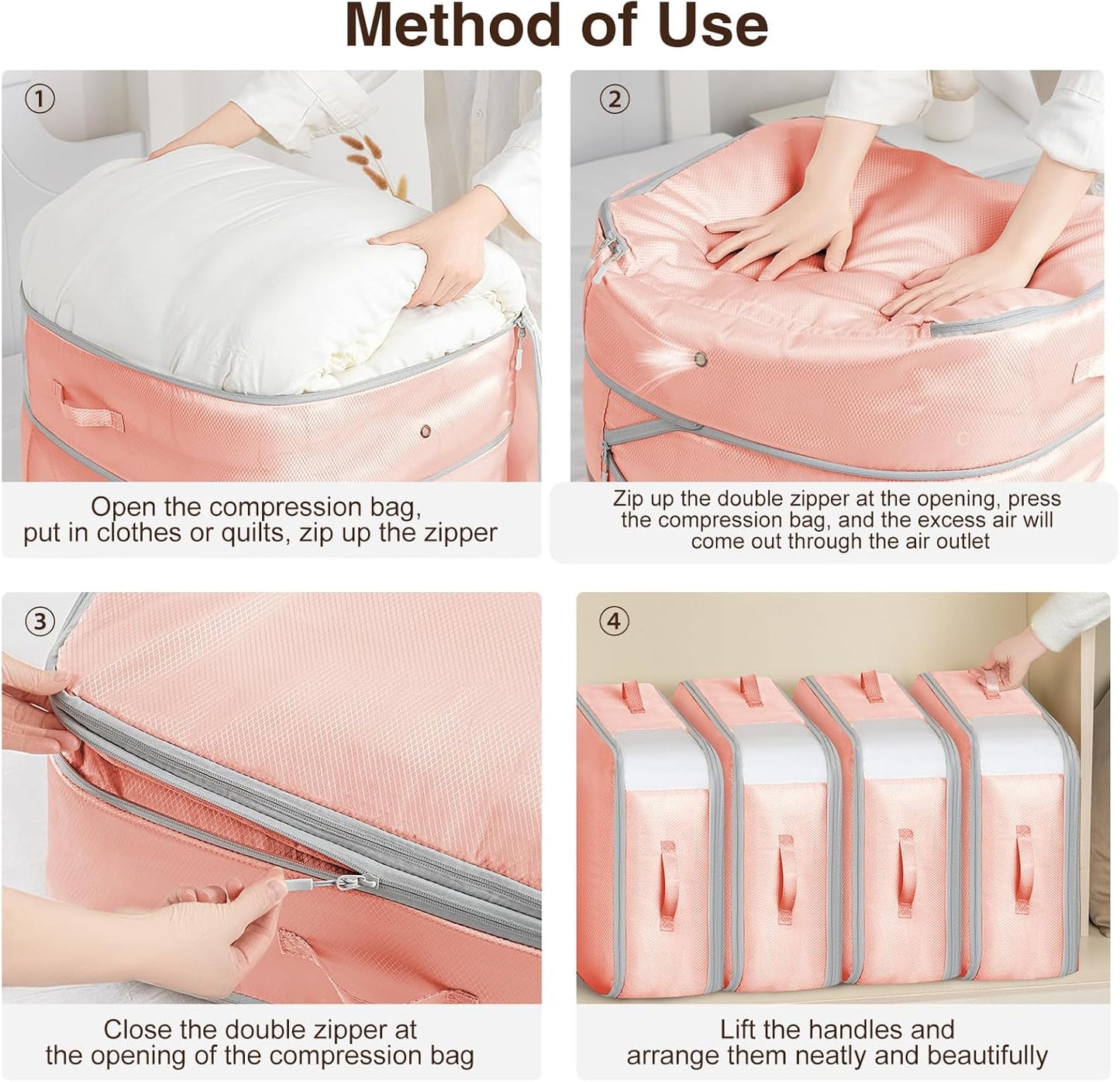 4 Pack Compression Storage Bags - 110L Large Capacity Comforter Storage Bag, 3-Layer Washable Ultra Space Saving Self Compression Organizer Space Bags for Blankets, Sweaters, Sheets, Pink