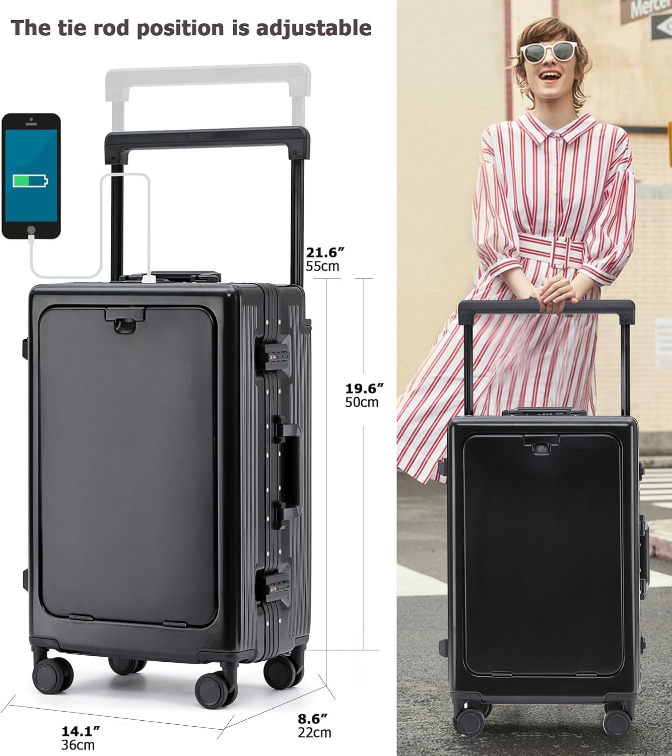 feilario 20" Aluminium Frame Hardside PC Carry on Luggage - Wide Handle Double Spinner Wheels Suitcase with TSA lock