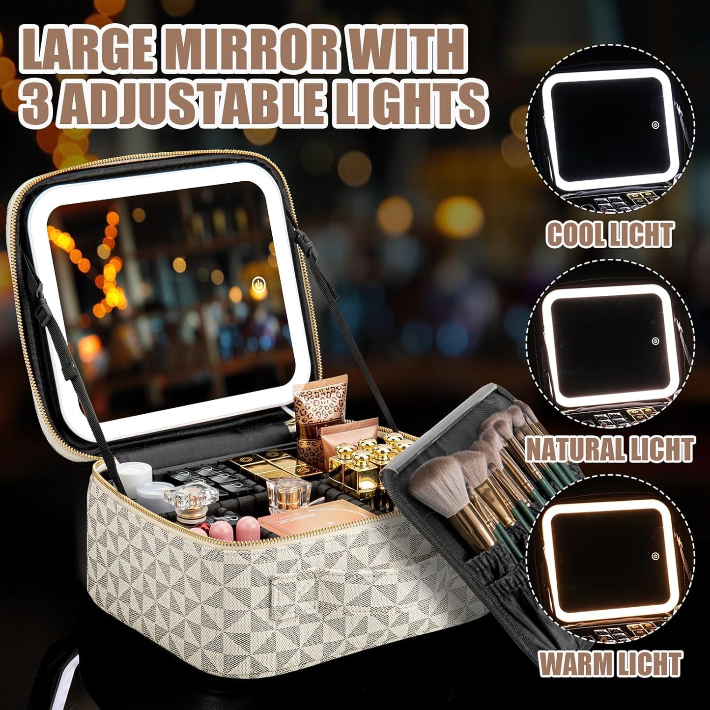 Makeup Travel Train Case with Mirror LED Light 3 Adjustable Brightness Large Cosmetic Bag Portable Storage Adjustable Partition Waterproof Makeup Brushes Make up Jewelry Gift for Women