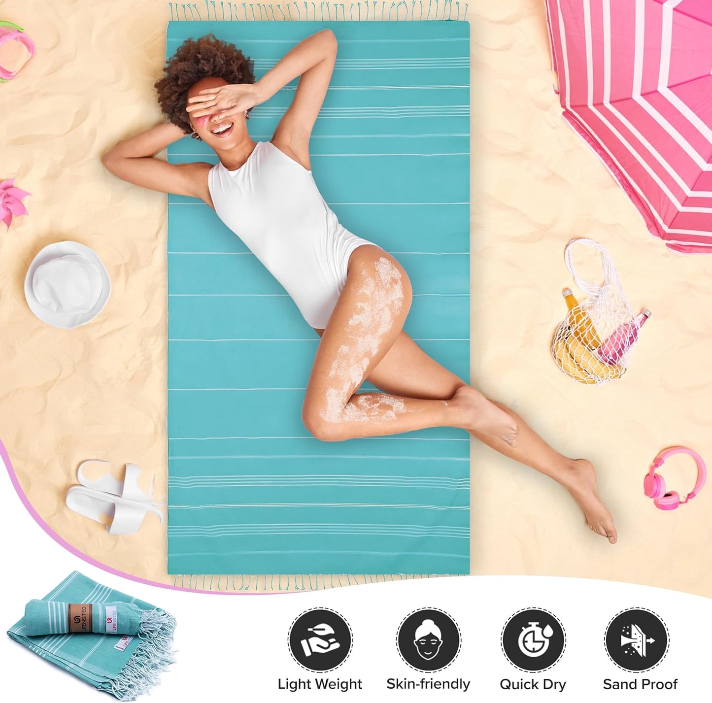 Turkish Beach Towel - 40x71 inch Oversized Sand Resistant Prewashed Turkish Towel - 100% Turkish Cotton Quick Drying, Compact, Lightweight Turkish Towel for Beach, Bath, Pool, Gym, Yoga.