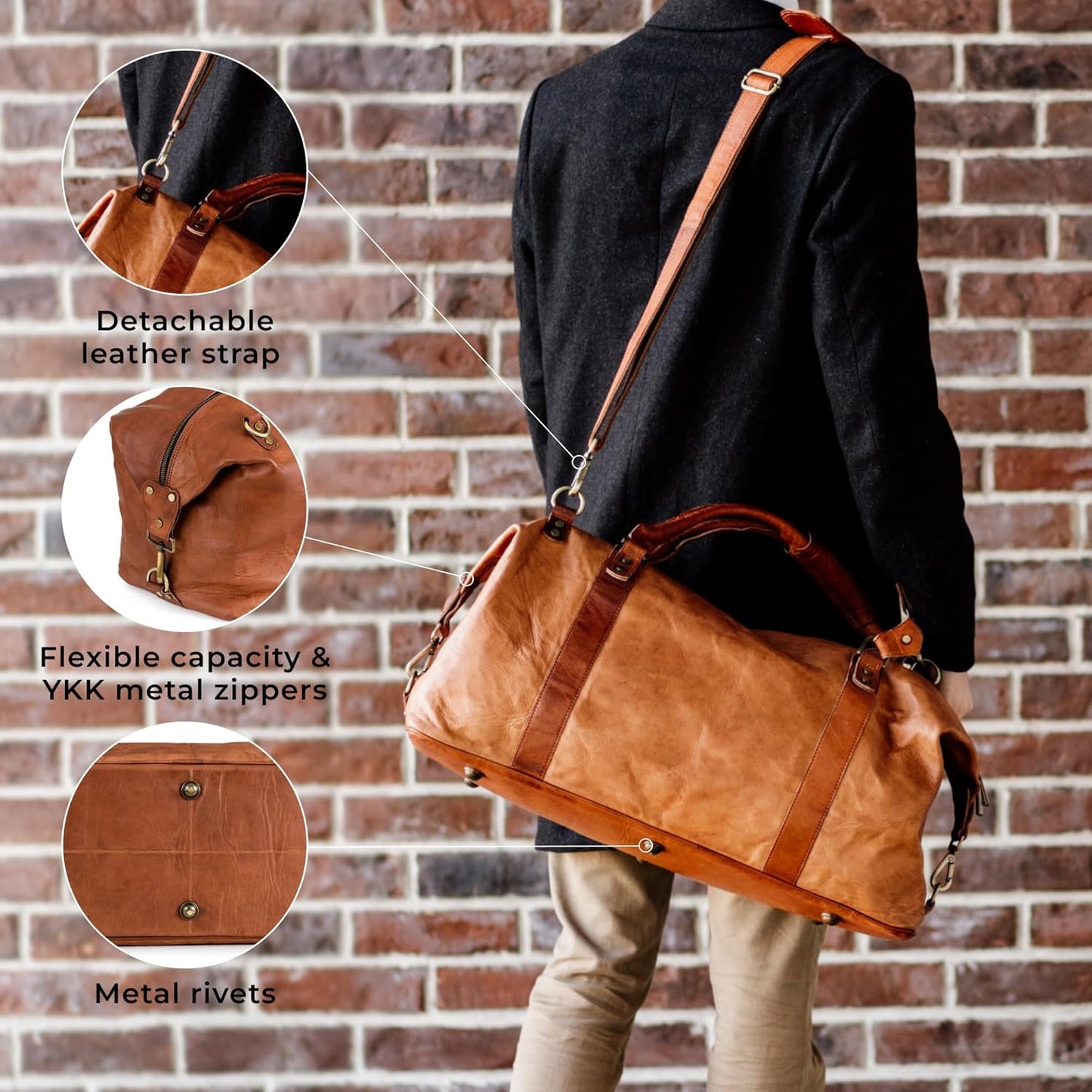 Berliner Bags Vintage Leather Duffle Bag München for Travel or the Gym, Overnight Bag for Men and Women - Brown (Cognac)