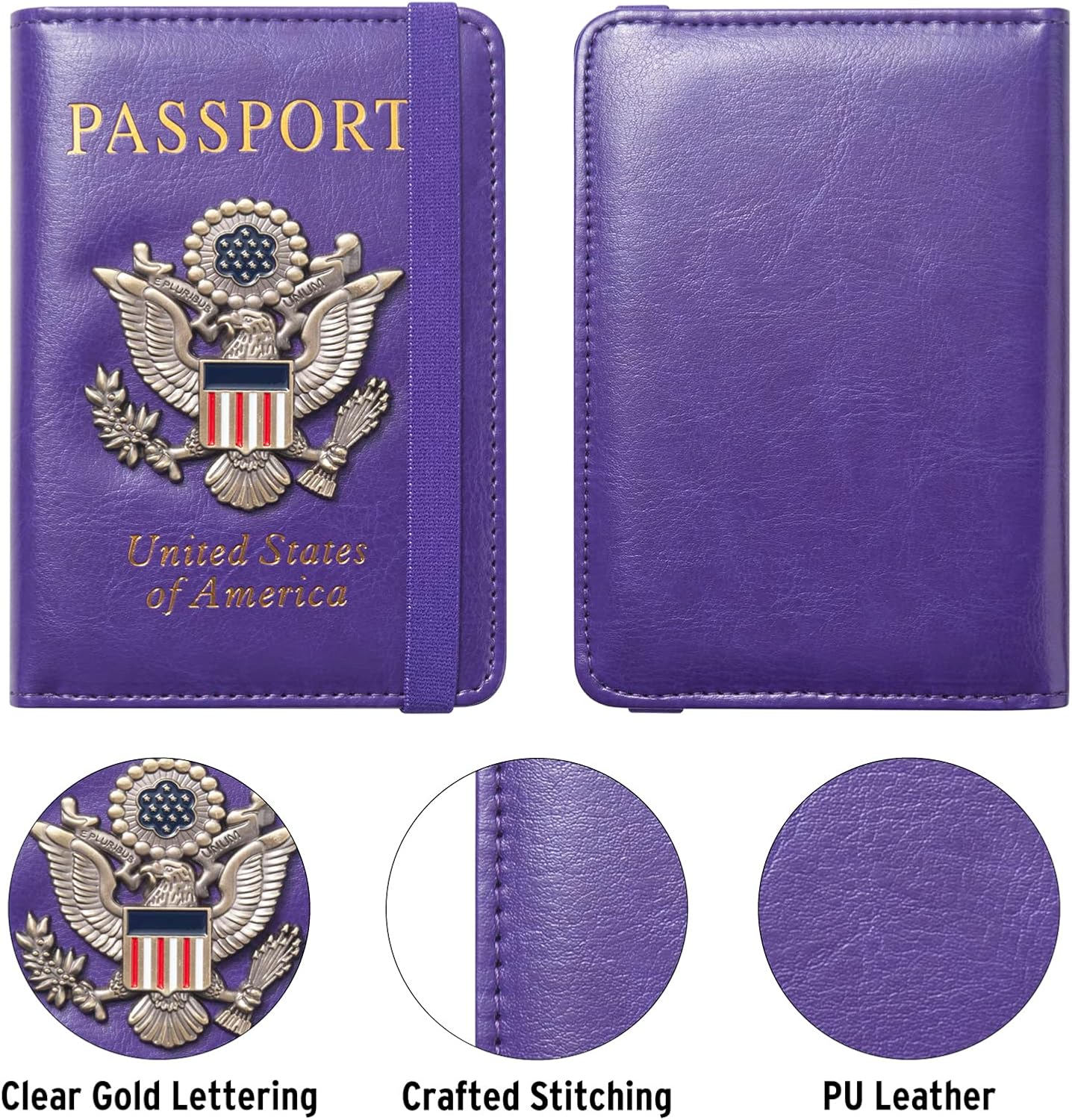 Passport Holder for Travel Passport Cover for Men Passport Wallet Case With 3D Metal Badge Protector Leather Card Case RFID Blocking Women Travel Accessories Document Organizer (Purple)
