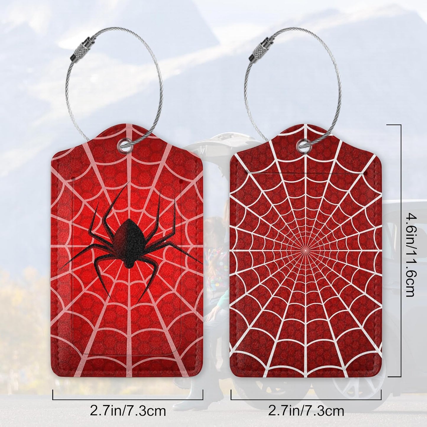 2 Pack Luggage Tags with Spider On Spider Web for Suitcases, Spider Web PU Leather Luggage Tag Accessories Privacy Cover ID Label with Stainless Steel Loop for Travel Bag for Women Girls Teens