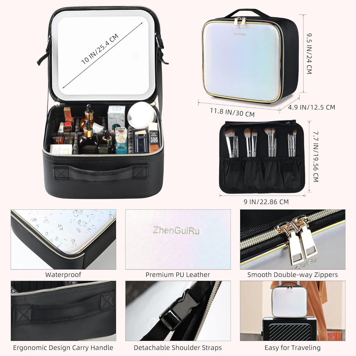 Travel Makeup Bag with LED Mirror – Waterproof Cosmetic Train Case with Adjustable Dividers, Portable Makeup Organizer and Toiletry Bag for Women, Pink Teens & Girls Gift