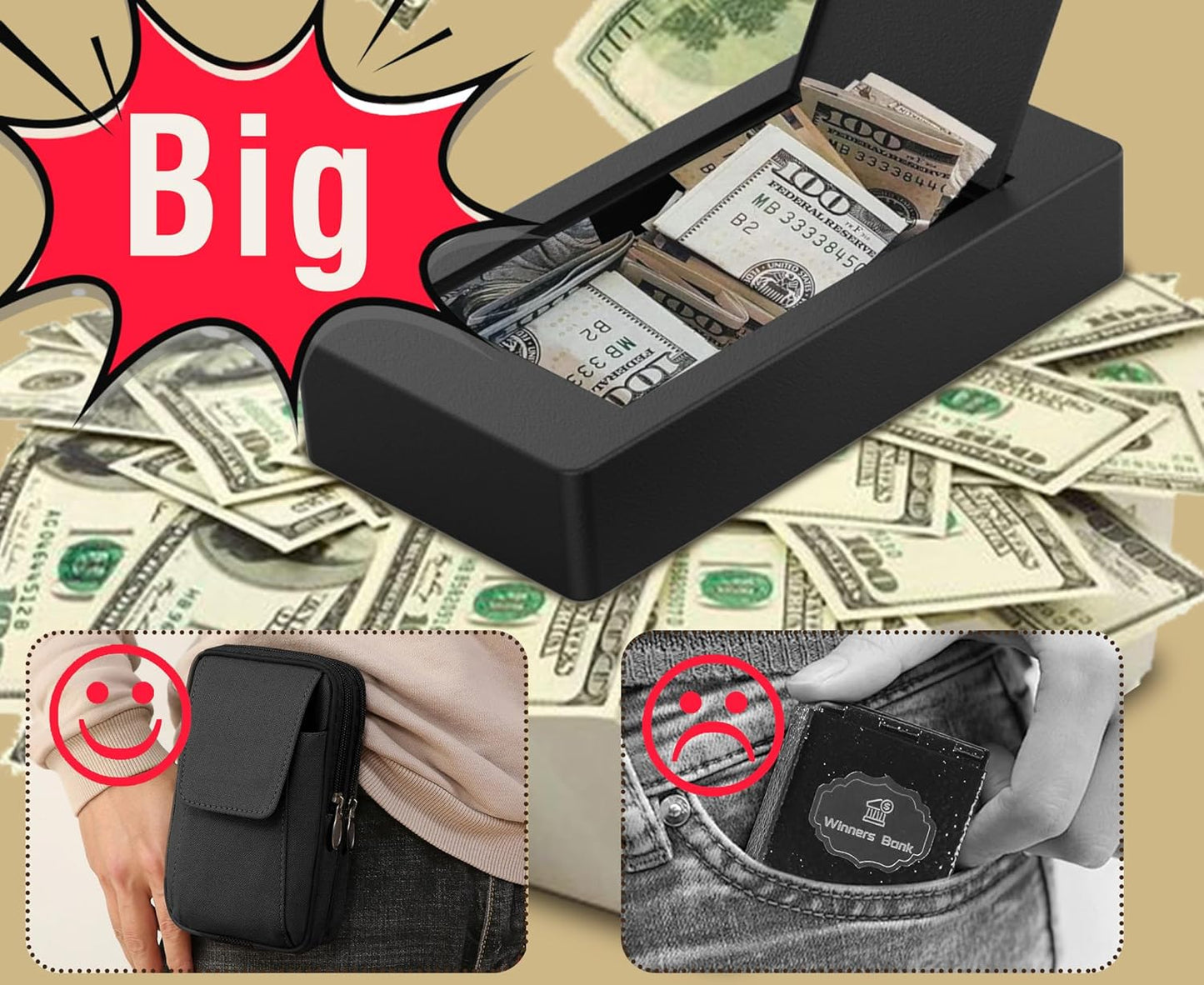 Large Metal Box for Gambler with Waist Bag, Portable Winner Bank Gambling Casino Cash Safe Box, Pocket Sized Cash Box with Key Go Home Money