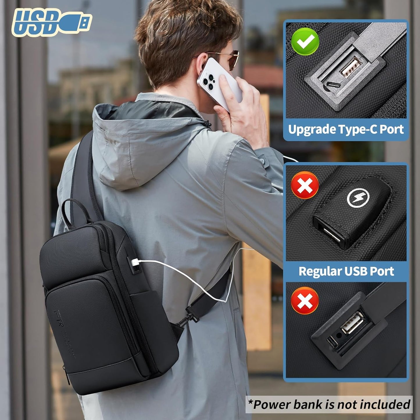 FENRUIEN Crossbody Sling Bag for Men, Water Resistant One Shoulder Backpack, Black Side Bag for Travel