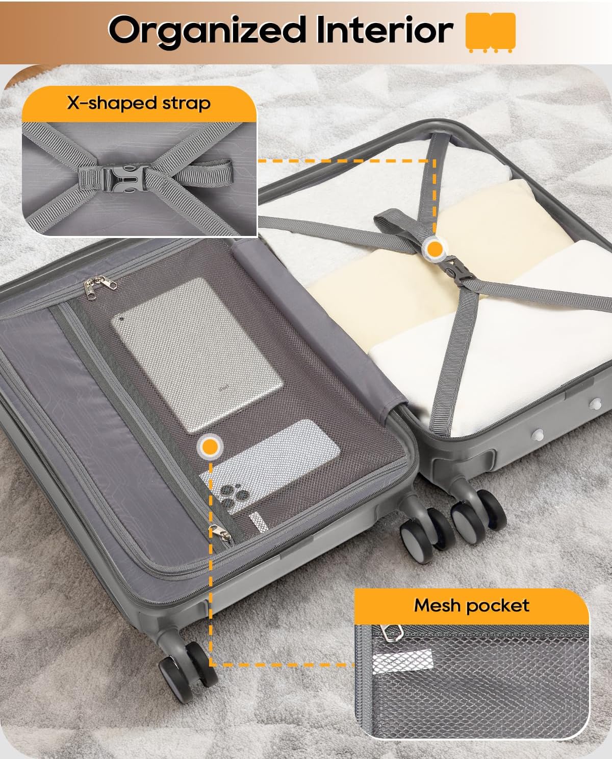 Joyway Carry on Luggage Airline Approved with Front Pocket, Hard Shell 20 Inch Travel Luggages with Cup Holder, Carry-on Suitcase with Spinner Wheels for Men and Women (Grey, 20 Inch)