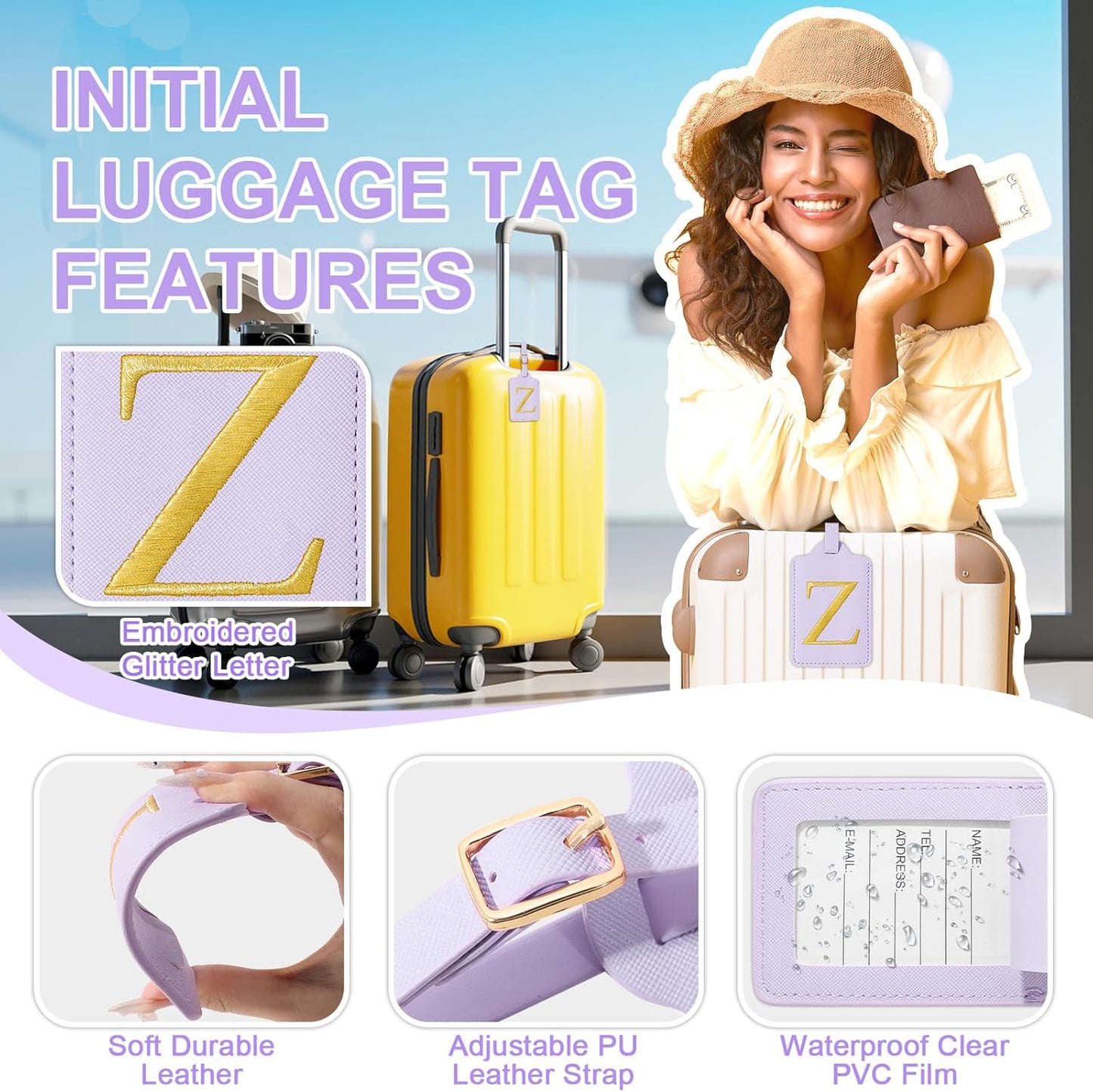 Personalized Initial Luggage Tags for Suitcase, Purple Leather Cute Luggage Tags with Privacy Cover Name Card, Embroidered Custom Monogrammed Luggage Tag Travel Backpack Tags Gifts for Women Kids(Z)