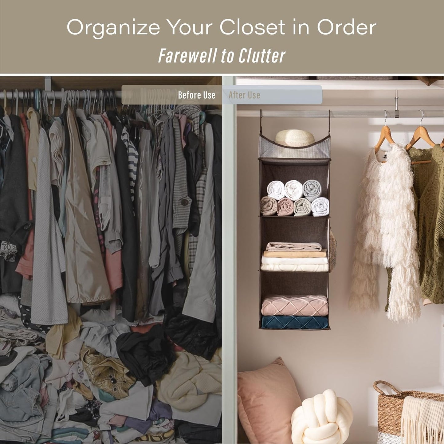 StorageWorks Hanging Closet Organizer, 3-Shelf Shelves with Top Shelf, 12" W x 12" D x 35 ¼"H, Mixing of Brown and Gray