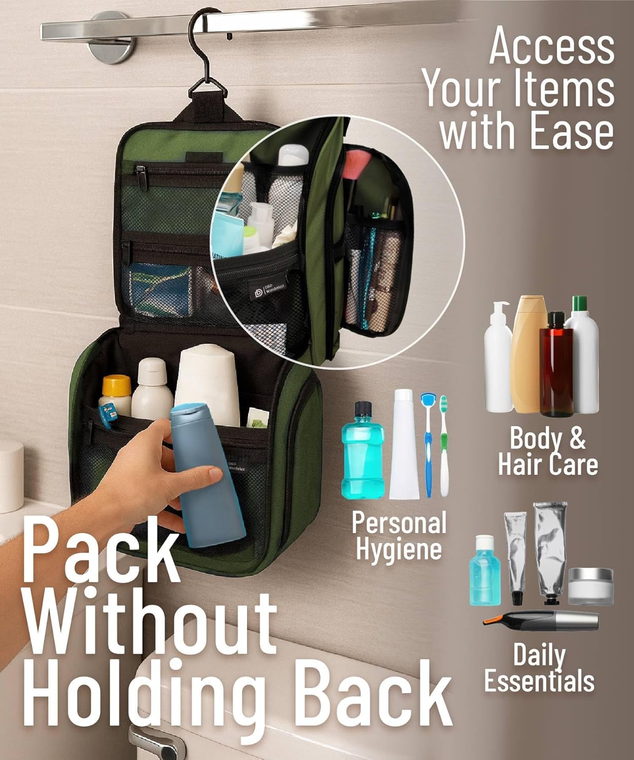 DD D&D Wanderlust D&D Hanging Travel Toiletry Bag for Men and Women. Extra Large Hanging Wash Bag Organizer with 10 Compartments, Zippers, XXL Metal Swivel Hook, Water-Resistant Nylon