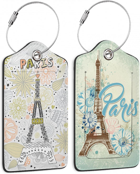 2 Pack Funny Luggage Tags with for Suitcases, Vintage Eiffel Towe Paris PU Leather Luggage Tag Accessories Privacy Cover ID Label with Stainless Steel Loop for Travel Bag for Women Girls Teens