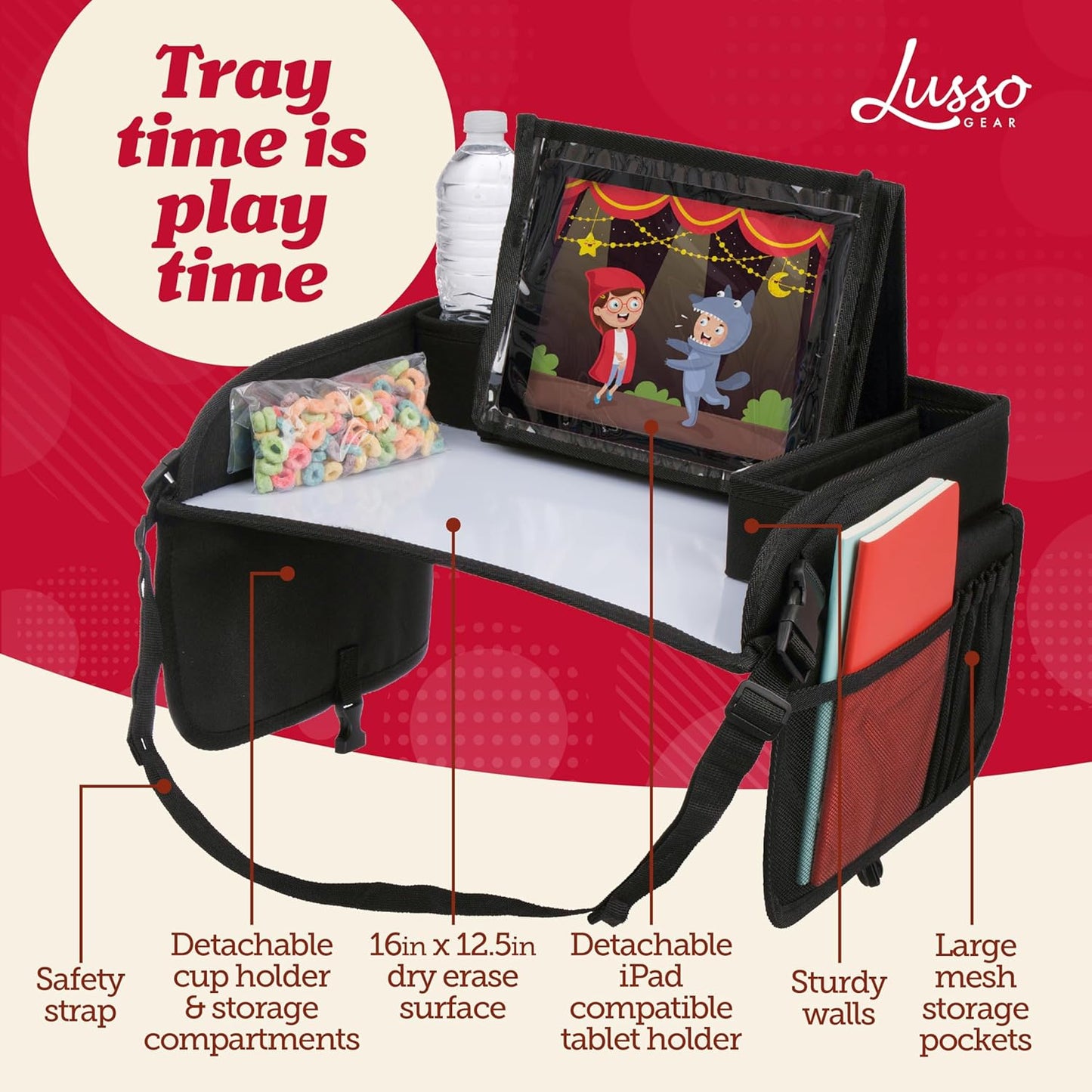 Lusso Gear Car Seat Tray - 1-Pack Black - 600D Oxford Lap Desk Organizer & Tablet Stand with Dry-Erase Surface, Snack & Cup Holder - Kids Travel Tray for Car Seat