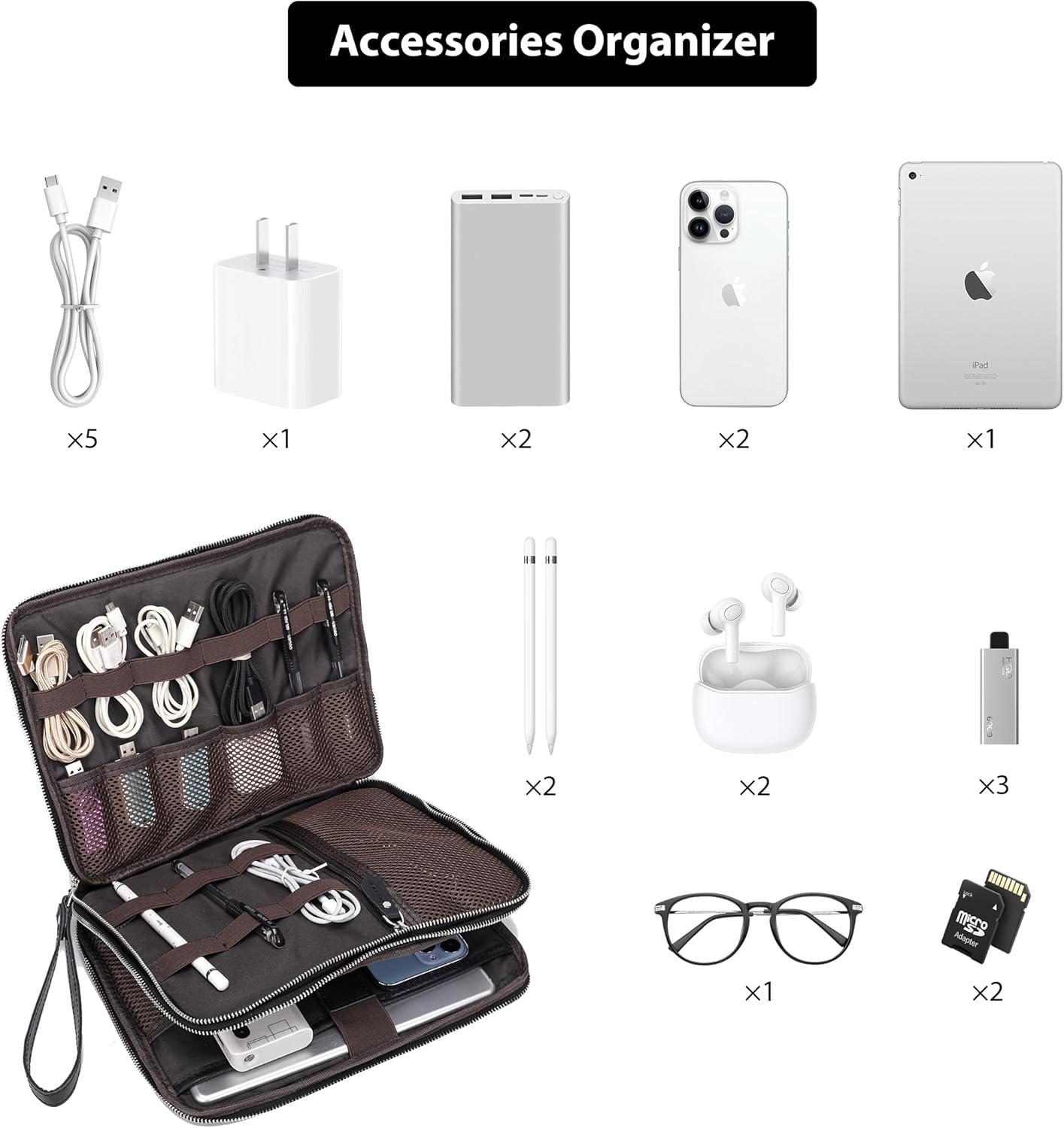 LANNSYNE Full Grain Leather Travel Cable Accessories Bag, Electronic Organizer Carry Case Double Layer Storage Case for Cables, Charger, Phone, Power Bank