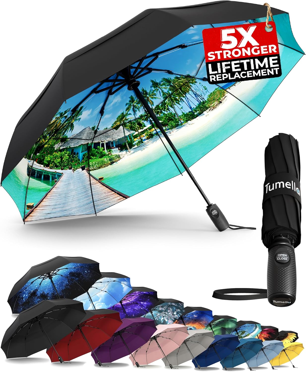 TUMELLA Strongest Windproof Travel Umbrella (Compact, Superior & Beautiful), Small Strong but Light Portable and Automatic Folding Rain Umbrella, Durable Premium Grip, Fits Car & Backpack