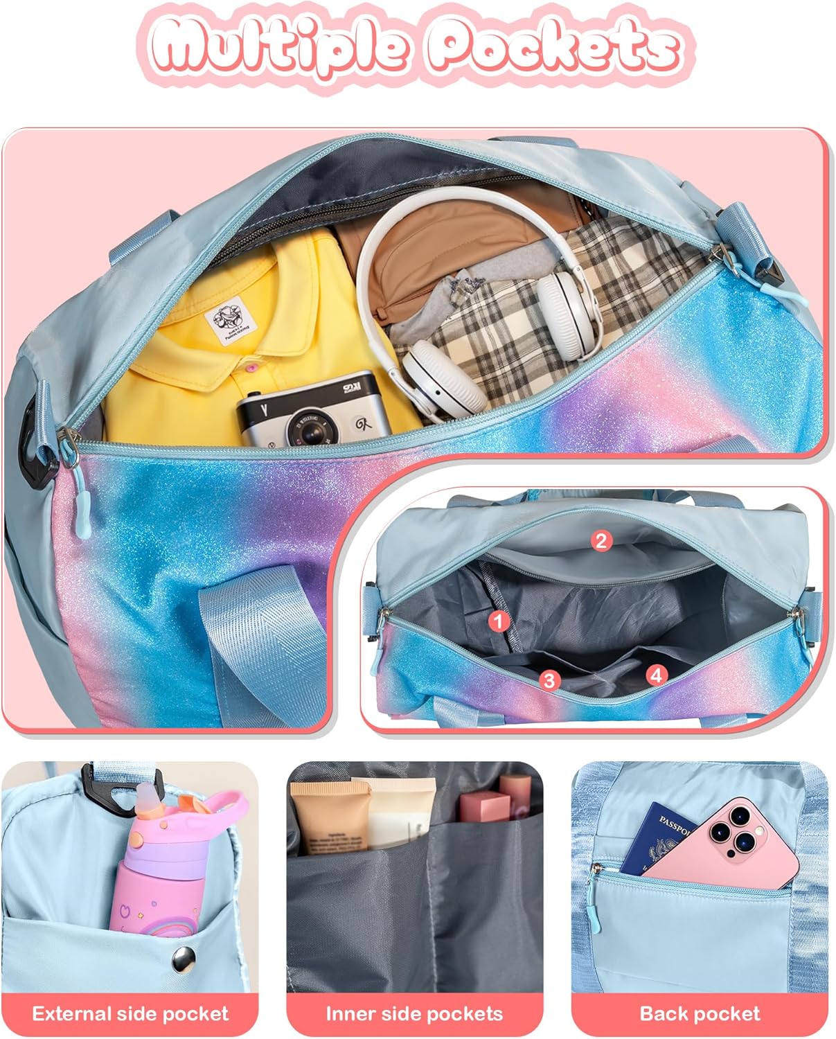 Kindergarten Gift Ideas-Girl Gym Bag with Shoe Compartment, Kid Personalized Weekender Overnight Bags, Initial Travel Tote with Makeup Pouch, Niece Girls Birthday Gift (Letter L)