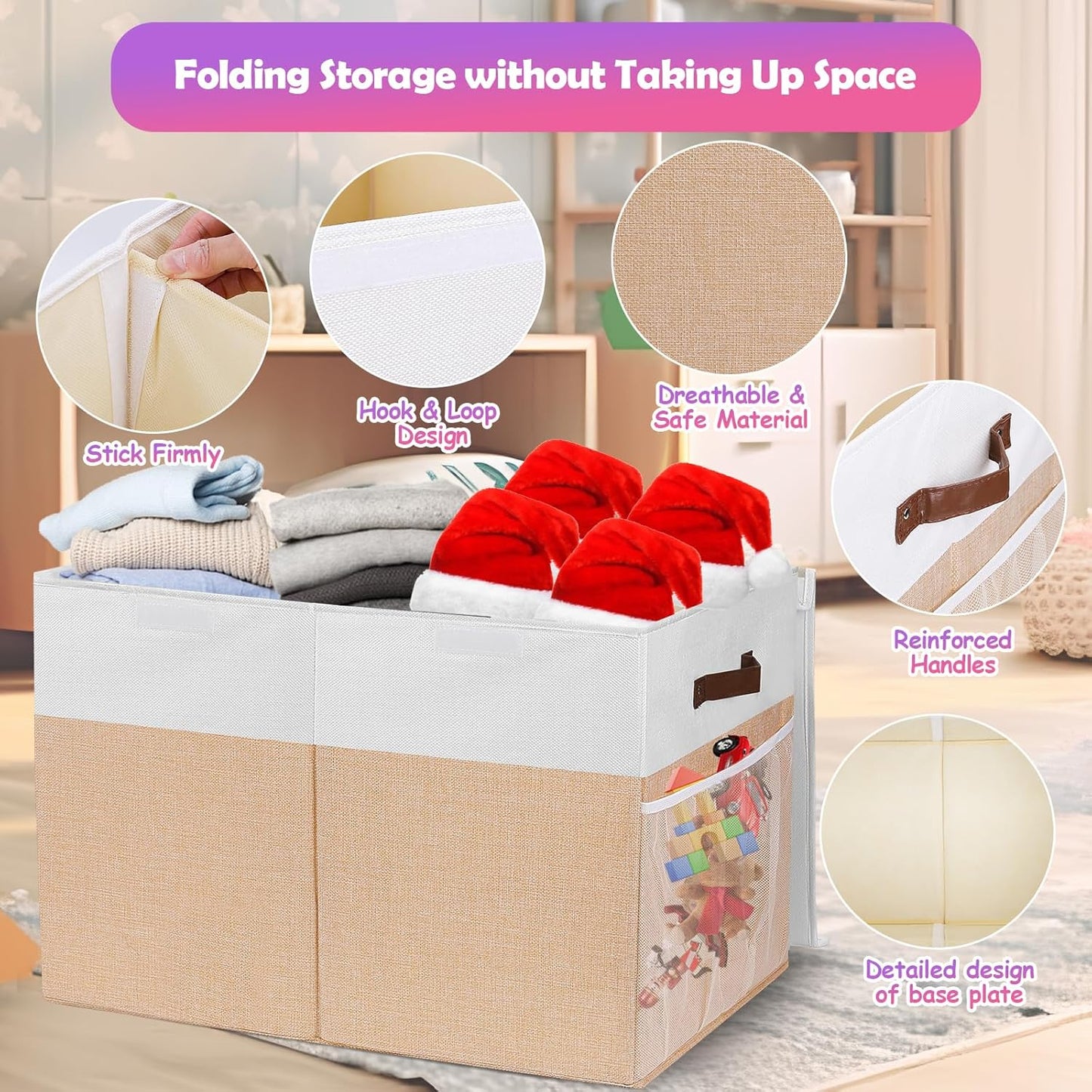 Large Toy Storage Box with Lid, Collapsible Sturdy Toys Storage Organizer Chest Bin Basket with Divider for Kids, Boys, Girls, Closet, Playroom, Bedroom, Nursery, 26"x17"x17" (Beige and White)