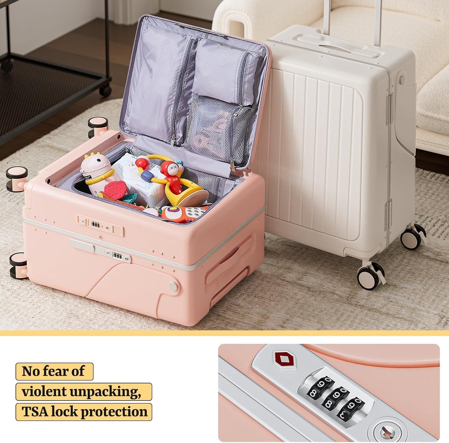20" Hardshell Carry On Suitcase with Seat for Kids & Adults,Travel Luggage with Front Pocket & 4 Lockable Spinner Wheels, TSA Lock, USB Port, Luggage Cover, Safty Seatbelt