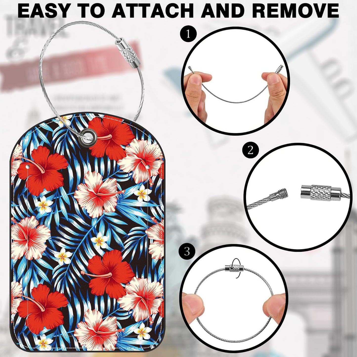 2 PCS Leather Luggage Tag for Suitcase Palm Leaves and Hibiscus Flower Travel Suitcase Labels with Privacy Name ID Label and Stainless Steel Loop for Adults Teens Travel Bag Labels Set