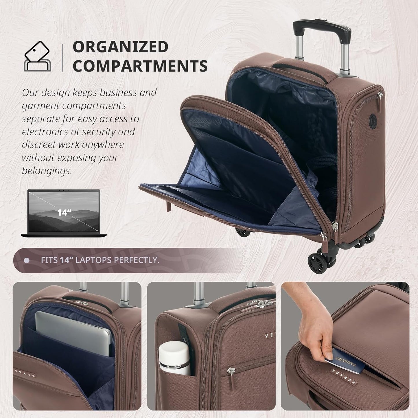 Verage Underseat Carry On Luggage with Wheels, 14.5-Inch Spinner Small Suitcase, Softside Lightweight Travel Bag for Men and Women, Airplane Carry On Bag, Chestnut Brown