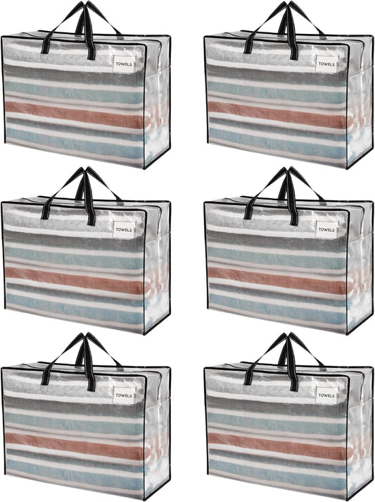 VENO 6 Pack Heavy Duty Moving Bags, Storage Bags, Packing Supplies, Top Zipper, Storage Totes for Camping, Clothes, Bedding, Comforters, Pillows (27 Gallon Clear, 6 Pack)