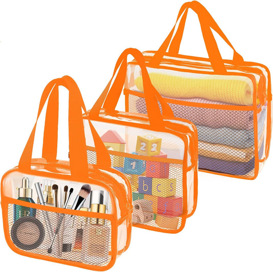 XEWEA Clear Travel Toiletry Bags, 3 Pack TSA Approved Transparent Makeup Bag for Men Women, Large Waterproof PVC Quart Organizer with Zipper for Toiletries Airline Essentials,Toy Storage Pouch Orange