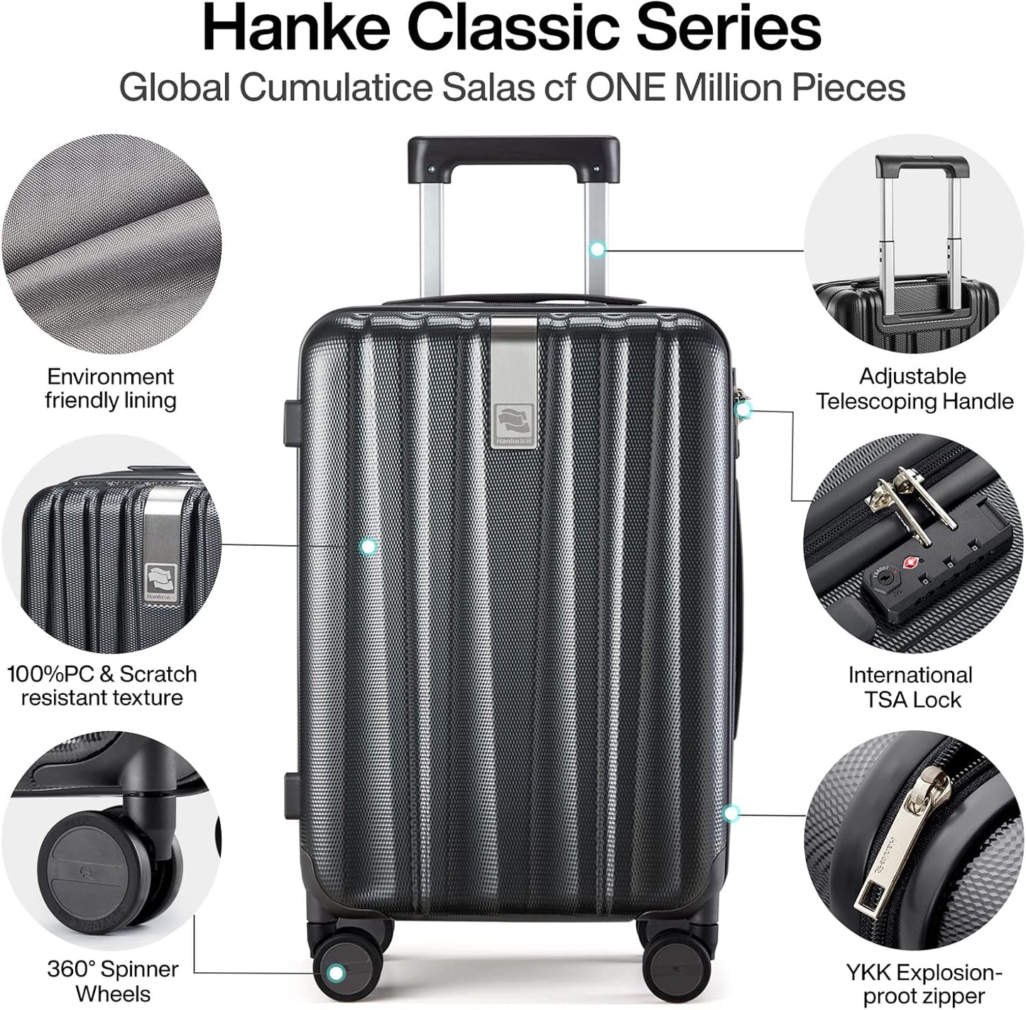 Hanke 20 Inch Carry On Luggage 22x14x9 Airline Approved Lightweight PC Hard Shell Suitcases with Wheels Travel Luggage Rolling Suitcase Travel Luggage Bag for Weekender(Jet Black)