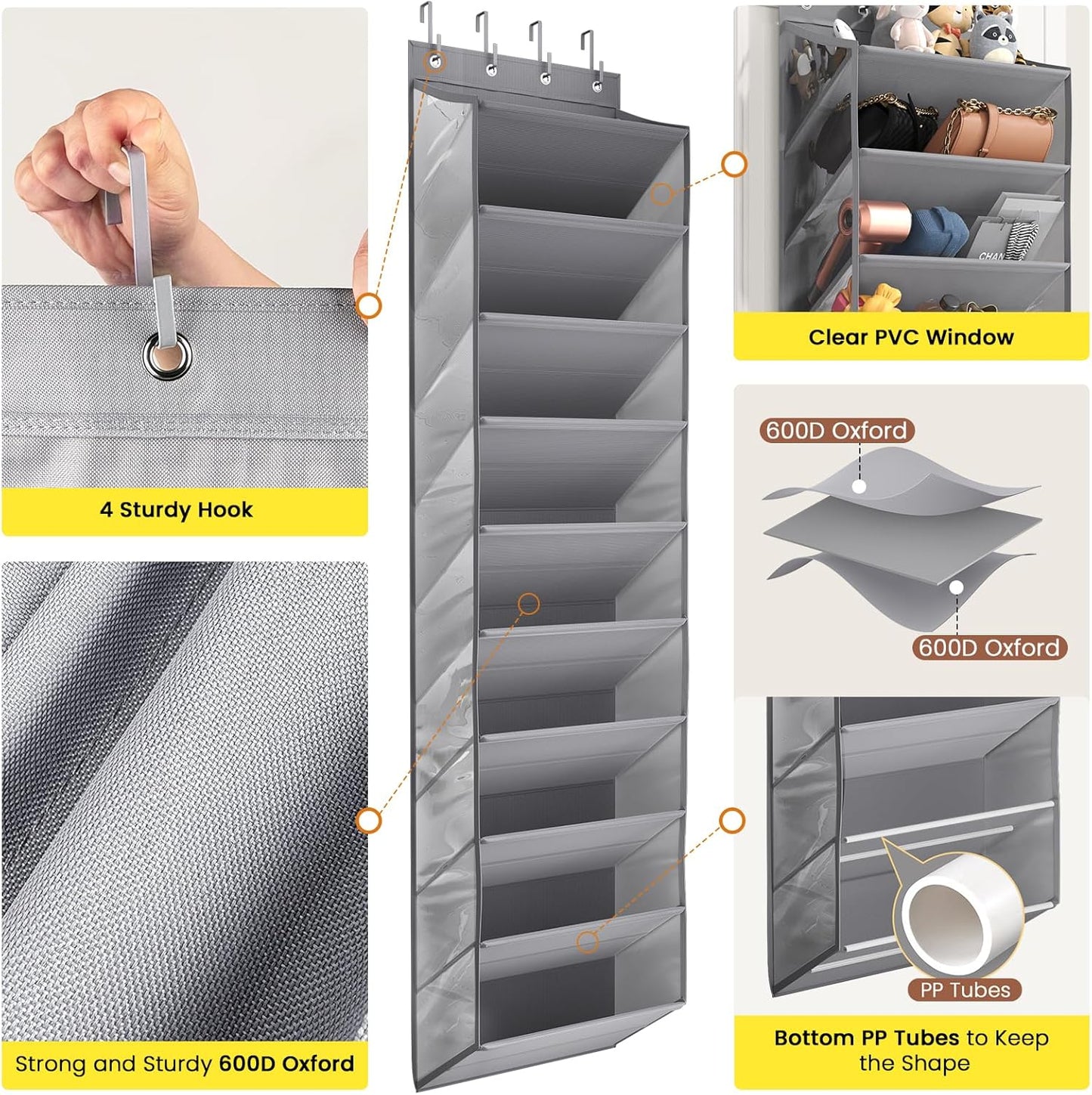 Over the Door Shoe Organizer for Closet, Shoes Rack with 10 Tier PVC Window Deep Pockets, Hanging Shoe Organizers for Boot Storage, Behind the Door Narrow Shoe Holder for Small Shoes, Grey
