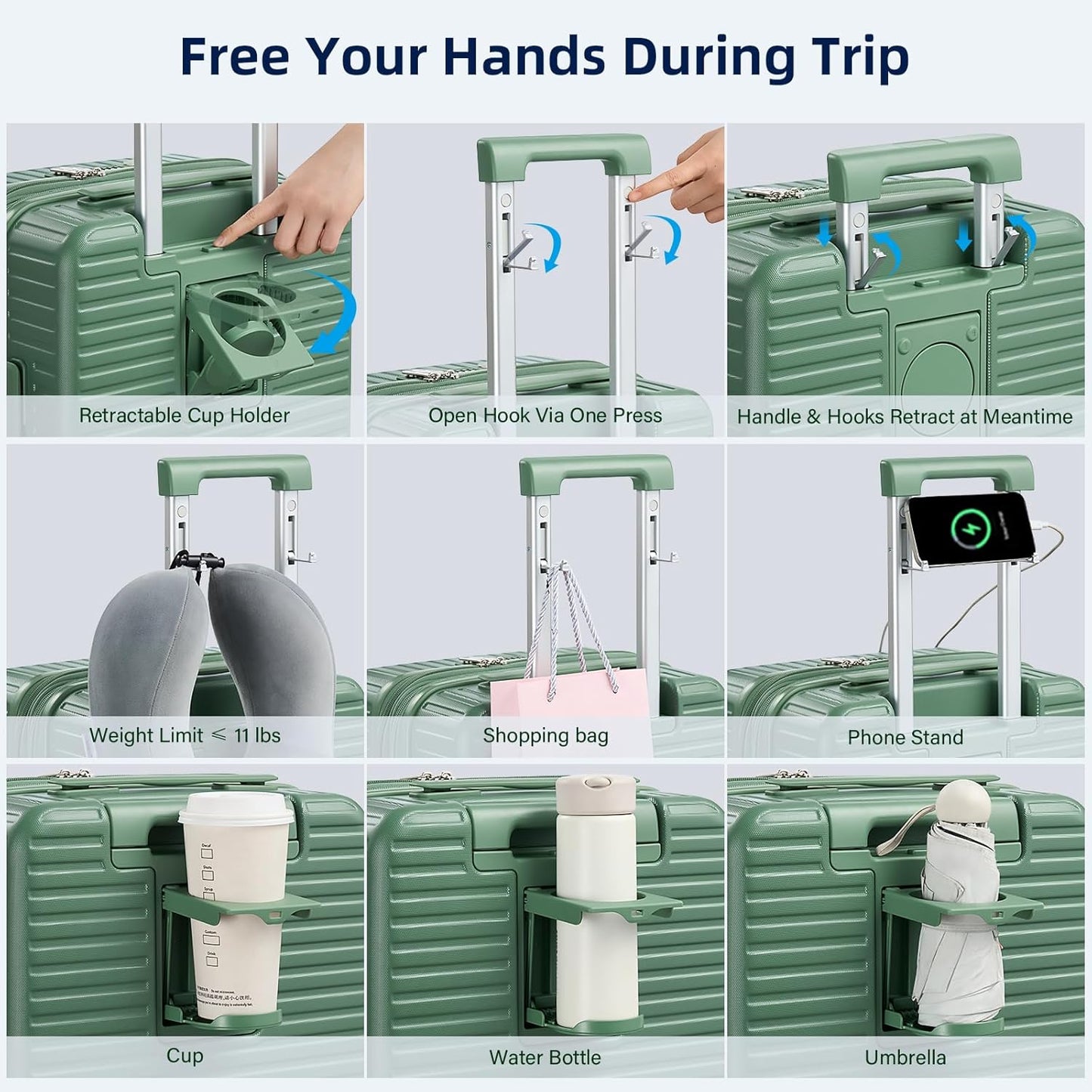 28 Inch Luggage Hard Shell Suitcases, Expandable Travel Checked Luggage 28 Inch, Large Check In Luggage with Spinner Wheels Cup Holder Charger Built in Lightweight Suitcase, Forest Green