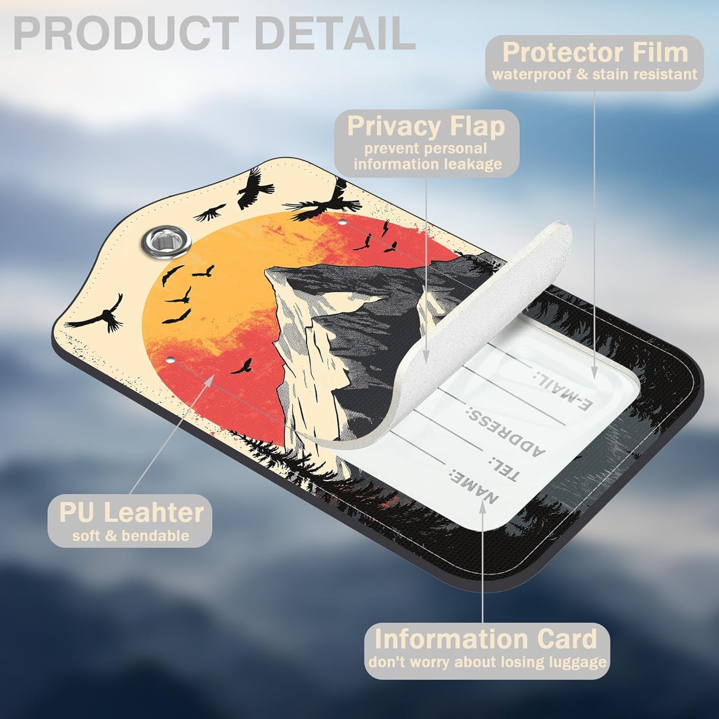 2 Pcs Mountain at Sunset Luggage Tags for Suitcases PU Leather Baggage Tags Name ID Label with Privacy Cover and Stainless Steel Loop for Men Women Travel Bag Suitcase