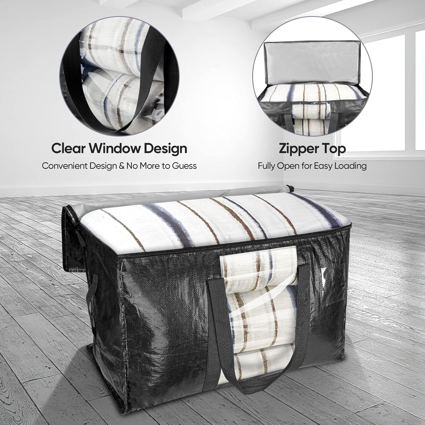 BALEINE 4-Pack Oversized Moving Bags with Reinforced Handles, Heavy-Duty Storage Tote Moving Supplies for Packaging, Camping (Black w/Window, 4-Pack)