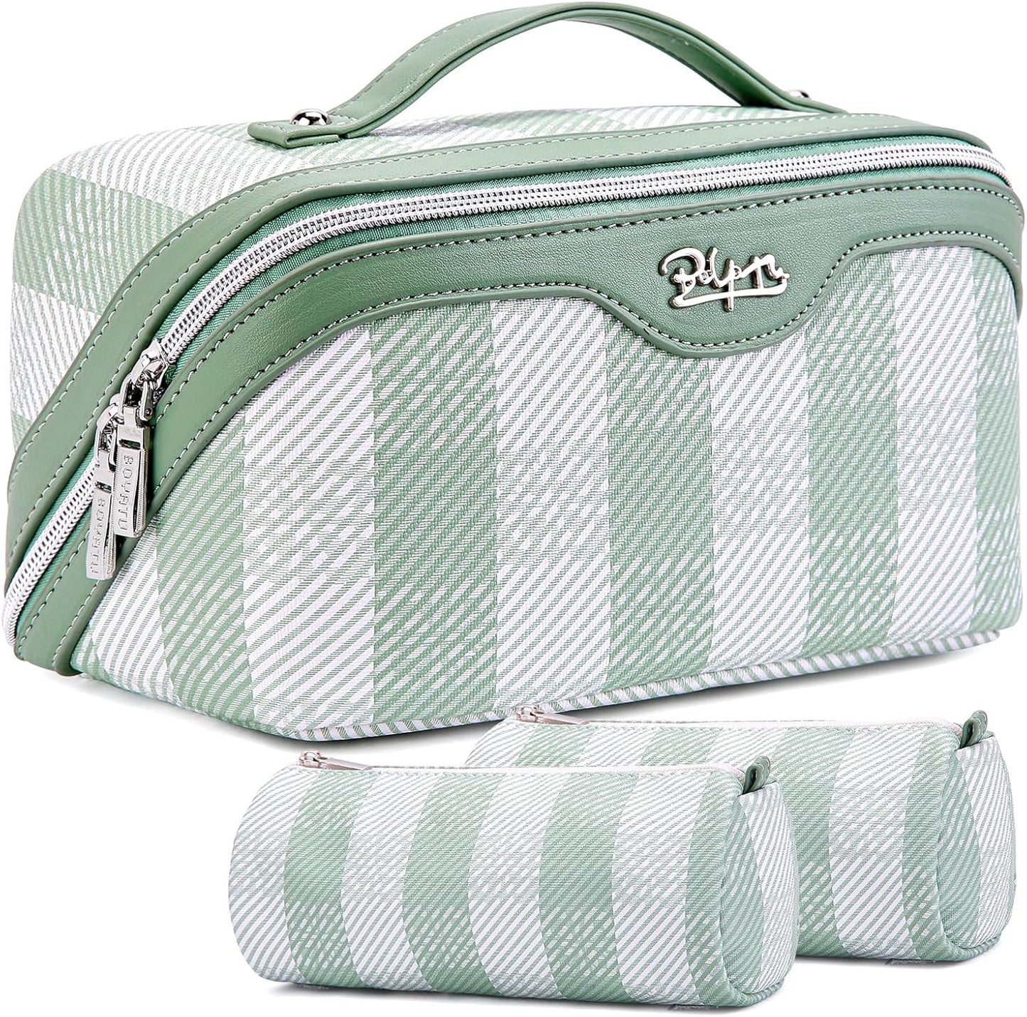 BOYATU Makeup Bag Travel Cosmetic Bag: 3 Pcs Set Portable Make up Bags for Women with Handle - Waterproof Vegan Leather Toiletry Organizer Bags with Comparments (F-02-Green)