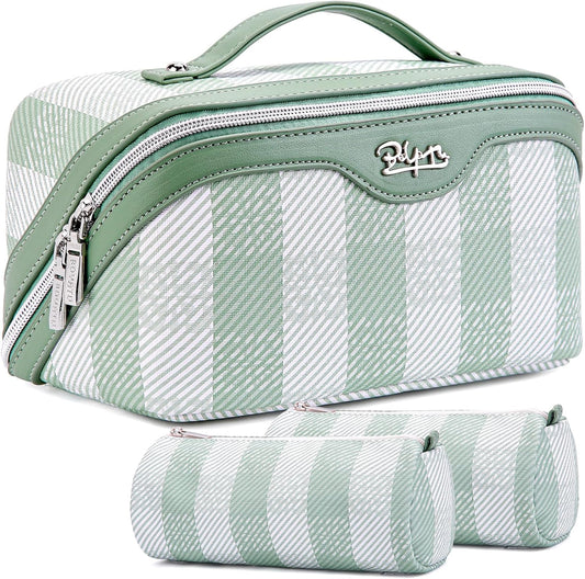 BOYATU Makeup Bag Travel Cosmetic Bag: 3 Pcs Set Portable Make up Bags for Women with Handle - Waterproof Vegan Leather Toiletry Organizer Bags with Comparments (F-02-Green)